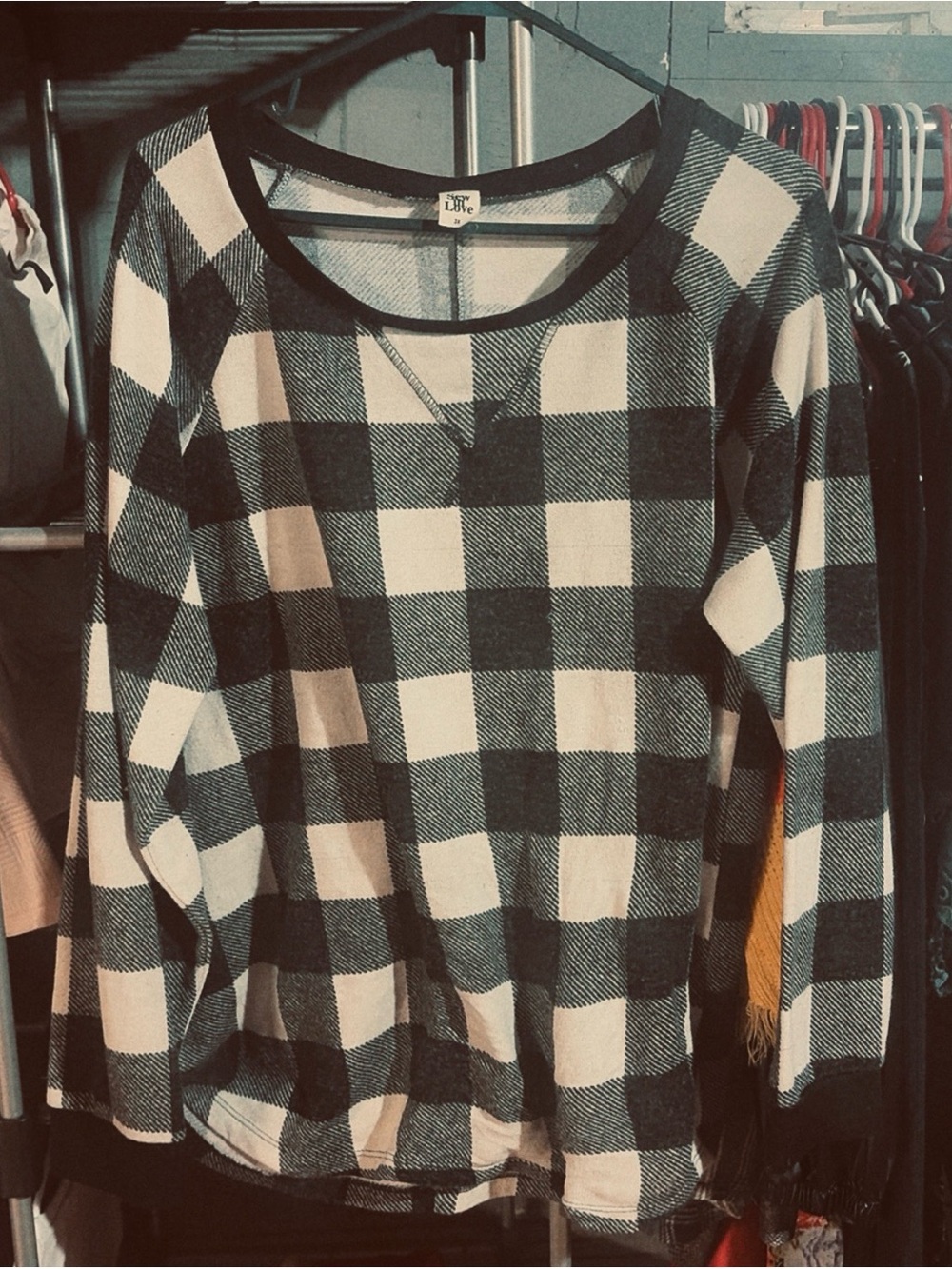 Plaid Long Sleeve Scoop Neck Women's Top - Black & White